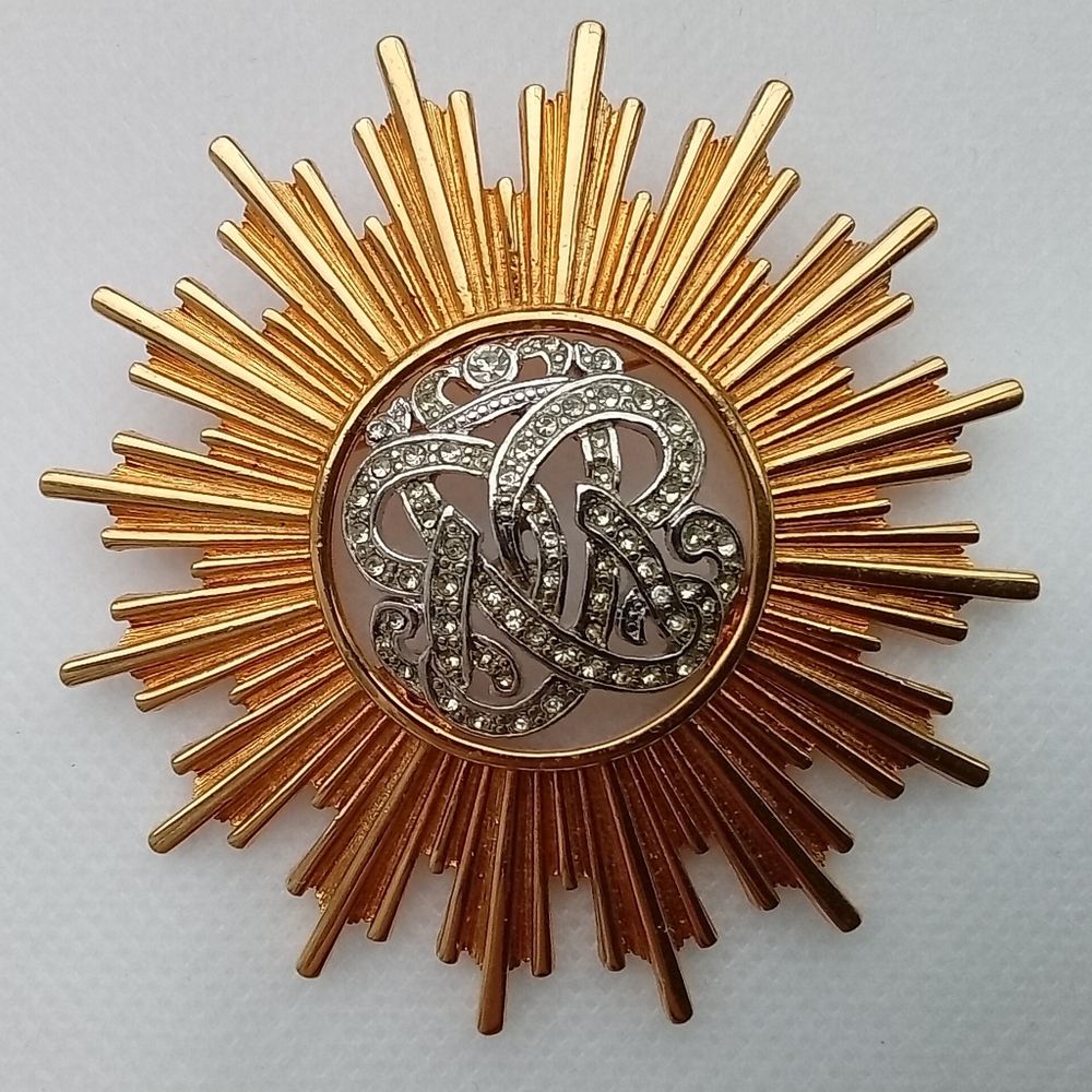 Monet 1980 Gold Sunburst Brooch with Silver Coronet Royal Insignia